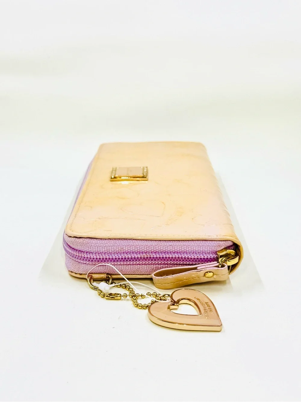 Pinky Wolman Full Sized Pink & Lavender Heart-Embossed Zip Around Wallet W/Charm